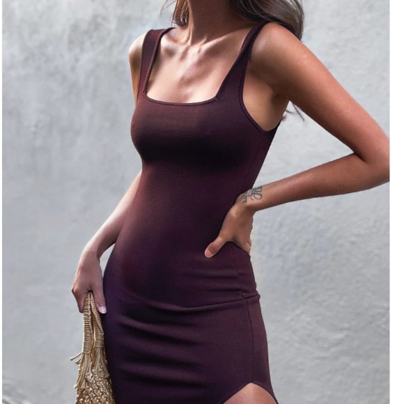 Shona Joy Basic Square Neck Midi Dress Size Medium Cocoa - Picture 2 of 10